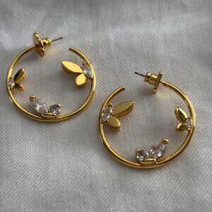 Kate Spade New York Gold Floral Hoop Earrings w/ Crystal Accents | Stud Backing